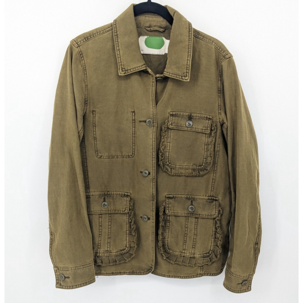 Anthropologie Jacket Womens Small‎ Green Military Utility Coat Canvas Ruffle Y2K